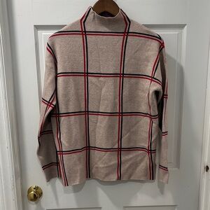 Tahari Mock Neck Sweater Red/Black Windowpane Design Size Medium Soft Cozy Chic